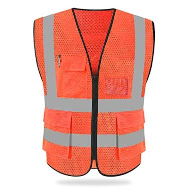 Imagem de HYCOPROT Colete refletor de segurança de malha de alta visibilidade com bolsos e zíper, atende aos padrões ANSI/ISEA, Laranja, G