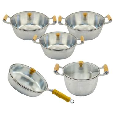 Imagem de Jogo de Panelas Frigideira Caldeirão 5 Pçs Alumínio Batido Fundido Cabo Madeira Marfim Envernizado