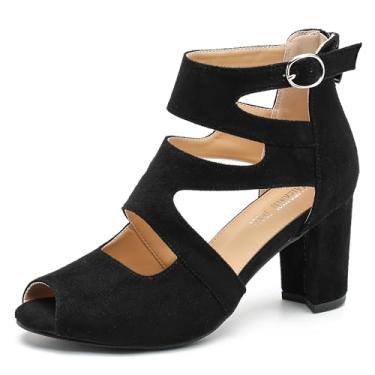 Imagem de MAIERNISI JESSI Sandália feminina gladiadora peep toe salto grosso vazado com zíper, Camurça preta, 35