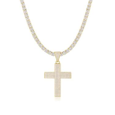 Imagem de Gemsme Colar de tênis com placa de ouro amarelo 18K 55 cm 4 mm com pingente de elefante/redondo/cruz para homens, 22 Inch Tennis Necklace, Banhado a ouro, Zircônia cúbica