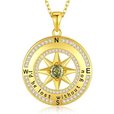 Imagem de Colar de bússola para mulheres, ouro, joia de aniversário de esposa para ela, prata esterlina S925, joia de amor para namorada, aniversário, dia dos namorados, Natal, dia das mães, pingente de pedra de nascimento gravado com "I d be lost without you", Prata esterlina, Crisólita
