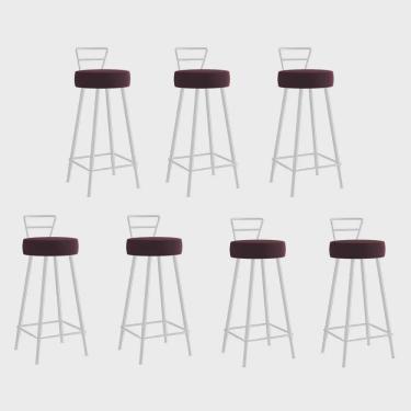 Imagem de Kit 07 Banqueta Alta Com Encosto Tina Eiffel Cozinha Bar Bistrô Ferro Branco Suede Bordô - Ahz Móveis