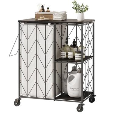 Imagem de WOWLIVE Cesto de lavanderia com tampa, cesto de roupa suja 95L com prateleiras, carrinho de lavanderia feito a ferro com rodas, forro removível, organização de lavanderia, banheiro, preto e branco