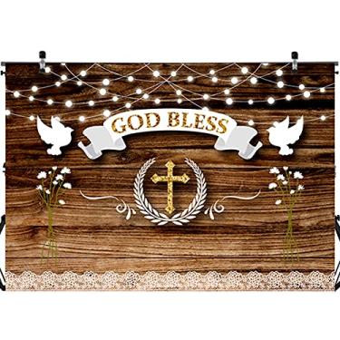 Imagem de Banner decorativo de madeira rústica God Bless batismo, festa de primeira comunhão, pano de fundo para chá de bebê, adereços para cabine de fotos, decoração de mesa de bolo, 180 x 124 cm