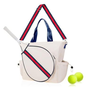 Imagem de Mini Momo Bolsa De Tênis Para Raquete Unissex Mulheres E Homens - Estojo Esportivo Pickleball, Badminton Squash, Alça Ombro/Cruzada Conversível, Design Elegante, Compartimento Grande (Listra Marfim/