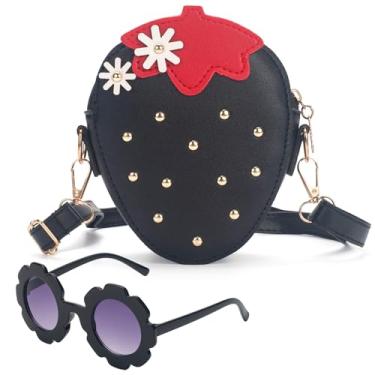 Imagem de LJCTULY Bolsa de morango para meninas - Bolsa tiracolo infantil em forma de fruta com rebites - Presente de aniversário, Preto, Formato de morango
