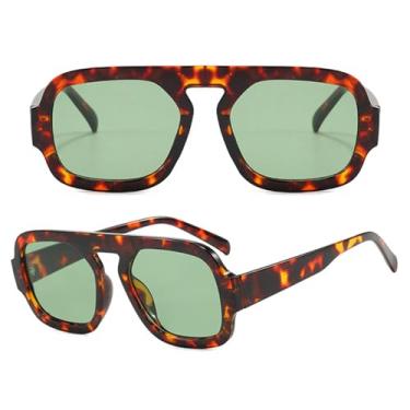 Imagem de CZDLDNXS Óculos de sol retrô quadrado aviador para mulheres e homens, moderno, marrom, tartaruga, óculos escuros hexagonais dos anos 70, Armação de casco de tartaruga/lente verde