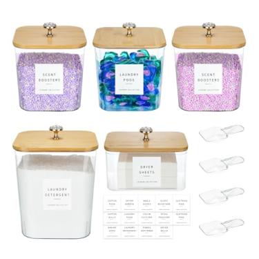 Imagem de POLRAI Pacote com 5 recipientes de cápsulas de lavanderia e suporte de lençol para secadora para organização de lavanderias, frascos de acrílico com tampas e etiquetas para sabão em pó, cápsulas de