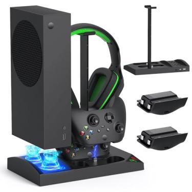 Imagem de Ventilador de refrigeração atualizado com suporte de carregamento para console e controlador Xbox Series S, acessórios de base de carregamento duplo com 2 baterias recarregáveis de 1400 mAh e capa, suporte de fone de ouvido para Xbox Series S