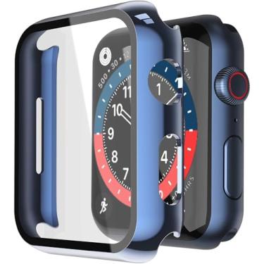 Imagem de Misxi Pacote com 2 capas rígidas de policarbonato com protetor de tela de vidro temperado compatível com Apple Watch SE 3 (2025) SE 2 SE Series 6 Series 5 Series 4 44 mm, 1 azul + 1 transparente