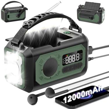 Imagem de irjeen Rádio de emergência de 12000 mAh, rádio de manivela, rádio portátil de alerta meteorológico AM/FM/NOAA, rádio solar com lanterna, lâmpada de leitura, alarme SOS, carregador portátil, para