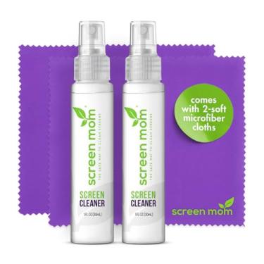 Imagem de Screen Mom Spray de limpeza de tela de 28 g, pacote com 2 – para laptop, monitor de computador, limpador de telefone, iPad, óculos, LED, LCD, TV – Inclui 2 spray de 30 ml e 2 panos de limpeza roxos