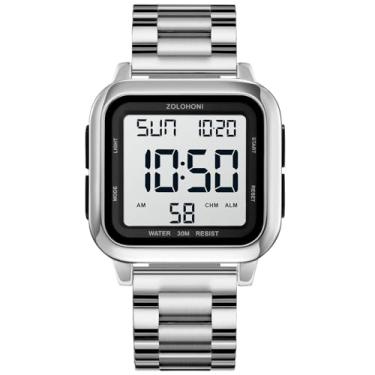 Imagem de zolohoni Relógio digital masculino masculino, quadrado de aço inoxidável, à prova d'água, mostrador grande, com data dupla, Aço e prata