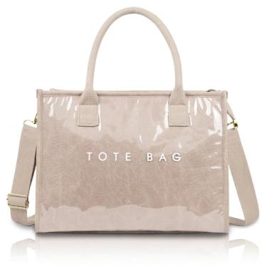 Imagem de LIERWOI Sacola de PVC para mulheres, sacola de plástico moderna de papel kraft, bolsa feminina com estampa de letras, bolsa de ombro, Bege, One Size