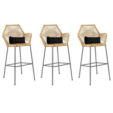 Imagem de Kit 03 Banqueta Alta Sttar Ferro Prata Fibra Palha Almofada Corino Preto