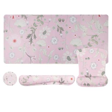 Imagem de Instellar Conjunto de mouse pad de teclado 4 em 1, mousepad + descanso de pulso para teclado + descanso de pulso para mouse + conjunto de porta-copos com design ergonômico para computador, rosa