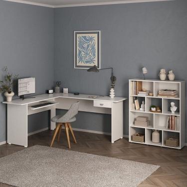 Imagem de Kit 2 Peças Com Escrivaninha Em L Com Uma Gaveta E Estante 10 Nichos Branco