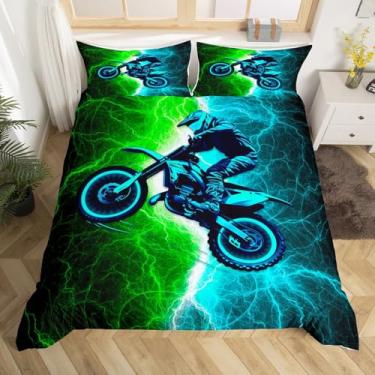 Imagem de Erosebridal Jogo de cama casal para meninos Dirtbike, verde-petróleo, para decoração de quarto de crianças e adolescentes, capa de edredom de corrida de motocicleta Lightning com 2 fronhas (sem
