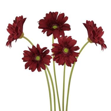 Imagem de ICBOX Flores artificiais de margarida gerbera vermelha – 5 peças de margaridas artificiais de toque real, margaridas gerber de caule longo de 68 cm, flores artificiais com hastes para arranjos
