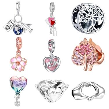 Imagem de 9 peças pingentes europeus de contas para pulseira Pandora, berloques, pulseiras faça você mesmo, colar, joias, presente para aniversário, dia dos namorados, Natal, dia das mães, coração árvore da
