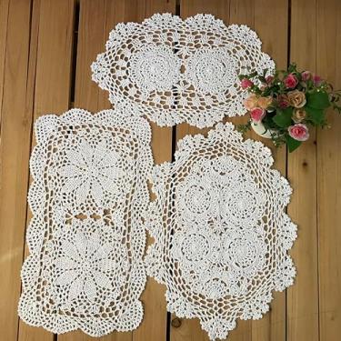 Imagem de MINDPLUS Conjunto De 3 Jogos Americanos Renda Em Crochê Feito À Mão, Cômoda Oval Retangular, Cachecóis, Caminho Mesa Centro, Decoração Estilo Boho Fazenda (Branco)