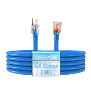 Imagem de GREATIDE Cabo De Extensão Externo Com Ponta Iluminada, Calibre 12, Resistente, 3 Metros, Aterramento Pinos, 15 A, Alimentação À Prova D'Água Sjtw 12/3 Para Aparelho, Listado Pela Ul, Azul