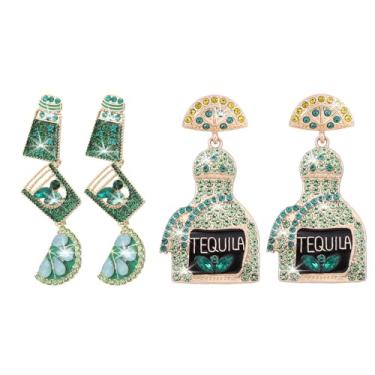 Imagem de 2 pares de brincos de tequila para mulheres, brincos modernos de tequila, taça de vinho, strass, limão, tequila, garrafa de vinho, anéis de orelha, aniversário, férias, formatura, celebração
