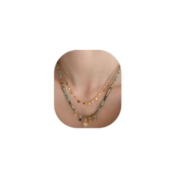 Imagem de PLwelth Colares boêmios com contas douradas, turquesa, colar feminino com pingente de sol e lua, colares empilháveis, gargantilha de praia de verão, boêmio, bijuteria, presentes para decoração de