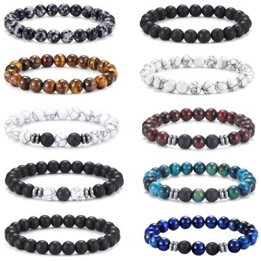 Imagem de FIRAZIO Conjunto de 10 pulseiras masculinas de olho de tigre de 8 mm com contas de pedra natural, pulseiras elásticas de pedra vulcânica, pulseira ajustável com contas de cristal preto para presentes
