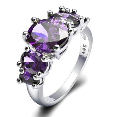 Imagem de Cinco anéis de pedra do mês de nascimento para mulheres com pedra preciosa criada meia eternidade aliança de casamento com 5 pedras ovais de ametista roxa zircônia cúbica (roxo 6)