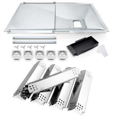 Imagem de Hiorucet Bandeja de graxa ajustável e kit de placas térmicas para Nexgrill 5 queimador 720-0888S, bandeja de graxa de aço inoxidável com bandeja de captura para peças de reposição Nexgrill 720-0888S