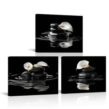 Imagem de Canvbay Arte de parede em tela de flor Zen 3 peças de lírio de calla branco e pedras zen pretas impressões de imagens florais emolduradas para decoração de banheiro de spa, ioga, pronto para pendurar
