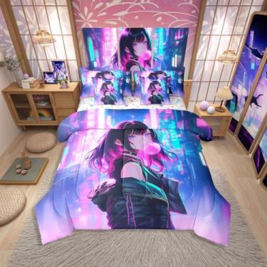 Imagem de Erosebridal Capa de edredom de anime kawaii, tamanho casal, anime japonês kawaii, para crianças, adolescentes, adultos, mulheres, conjunto de cama de desenho animado japonês, decoração de quarto