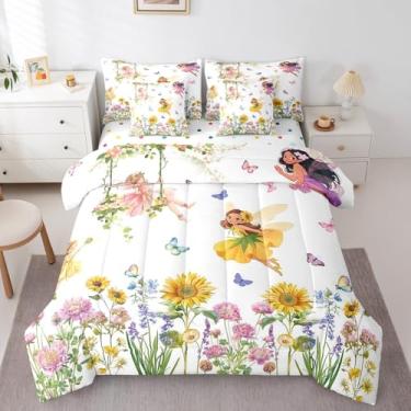 Imagem de jejeloiu Jogo de cama solteiro com estampa de fada de flores, estampa de fada, 7 peças, para crianças, adolescentes, floral, borboleta, respirável, decoração de quarto
