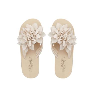 Imagem de GORGLITTER Sandália feminina de malha com laço decorativa, rasteira, bico aberto, dedo do pé, Bege, 12.5