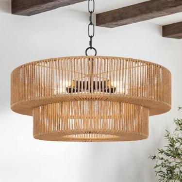 Imagem de LamQee Lustres De Vime De Fazenda Para Sala De Jantar, Luminária De Lustre Boho De 5 Luzes Com Abajur De Vime Trançado À Mão, Grandes Luzes Pendentes De Vime, Iluminação Suspensa De Teto, Ilha De Co