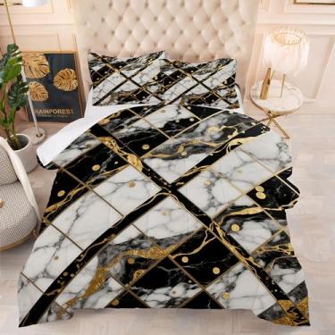 Imagem de EDGZKO Conjunto de edredom de mármore branco: solteiro, geométrico, preto e dourado, colcha de mármore abstrato, para adolescentes e crianças, 1 edredom e 1 fronha