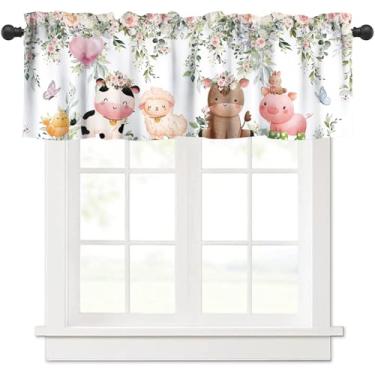 Imagem de JanJCurt Cortina de desenho animado com estampa de animais de fazenda, verde, ervas, botânicas, flores, vaca, ovelha, porco, blackout para quarto de bebês, meninos, meninas, 137 x 45 cm