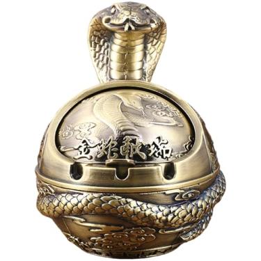 Imagem de Cinzeiro vintage com tampa, bandeja de cinzeiro esculpida em metal decorativo estilo cobra à prova de vento para homens, ornamento chique