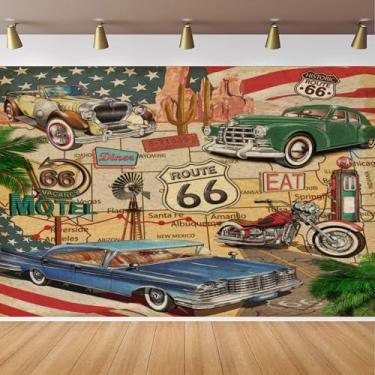 Imagem de CapiSco Route 66 pano de fundo vintage 2,8 x 1,8 m quadrinhos, retrô, mapa de estrada, motel, motocicleta, carros clássicos, rota histórica americana, 66, fundo para decoração de festa de aniversário