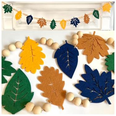 Imagem de Guirlanda de folha de bordo e faixa de contas de madeira, guirlanda de contas de madeira de bordo de feltro para pendurar para Halloween, Natal, outono, casa, outono, Ação de Graças, decoração de