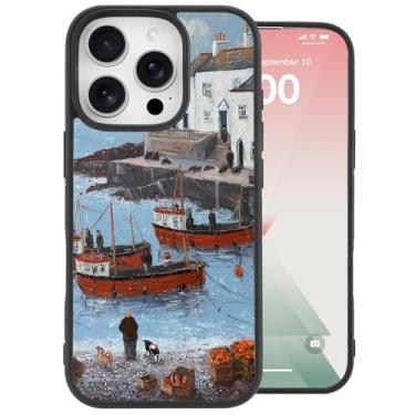 Imagem de MAYCARI Capa original com pintura a óleo artística para iPhone 16 Pro Max, barcos à beira-mar, capa protetora de transferência de calor para meninas e mulheres, moldura de TPU macio, capa protetora à