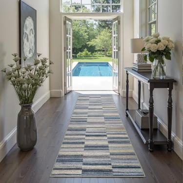Imagem de jinchan Tapete Runner 3x10 Geométrico Casual Lavável Tapete Antiderrapante Abstrato Ultrafino Leve Longo Moderno Tapete para Corredor Quarto Sala de Jantar Cozinha, Azul