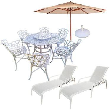 Imagem de Mesa de Jardim 1,25m Giratória 6 Cadeiras Viena, Guarda Sol e 2 Espreg