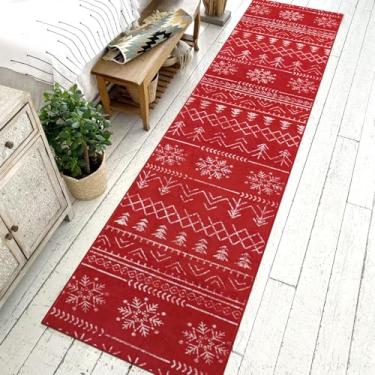 Imagem de Asrug Tapete vermelho de Natal - 2x10 floco de neve lavável tapete antiderrapante para corredor tapetes de diamante destaque geométrico tapete pequeno para quarto sala de estar decoração de lavanderia