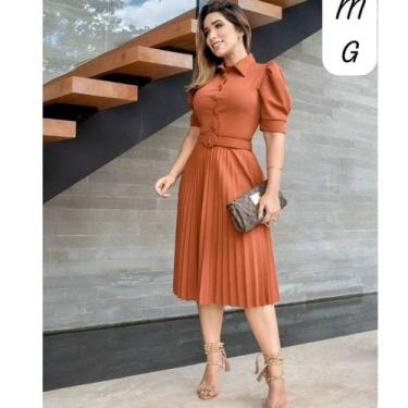 Imagem de Vestido mídi saia Plissada crepe de malha com elasticidade gola polo c