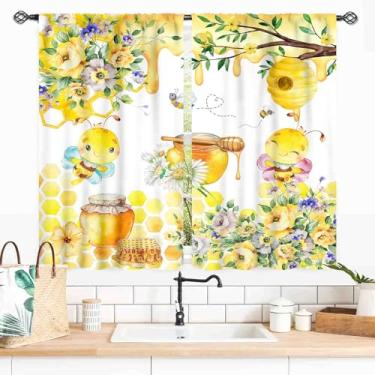 Imagem de Cortinas de abelha, fazenda amarelo girassol favo de mel primavera adorável abelha de mel, floral, rústico, decoração de janela, tratamentos para quarto, sala de estar, cozinha, banheiro, 2 painéis