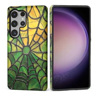 Imagem de Capa para Samsung Galaxy S25 Ultra, Silicone Macio Fosco + PC Rígido Anti-riscos Corpo Inteiro Robusta À Prova de Choque Capa 2 em 1 para Mulheres e Homens - Impressão de Vitral Verde Teia de Aranha