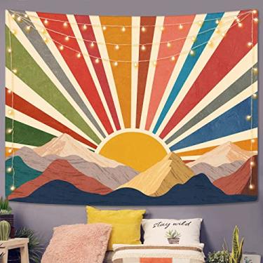 Imagem de Aipon Tapeçaria de sol Boho Abstrato Tapeçaria de Parede Pequeno Nascer do Sol Pôr do Sol Tapeçarias Retrô Ocidental Estética Hippie Vintage Geométrico Arco-íris Tapeçarias Indie Sala de Estar Dormitório (Amarelo, 48" × 36")