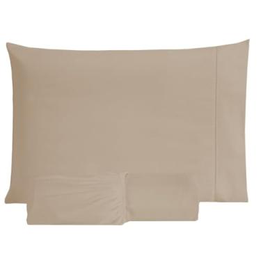 Imagem de Jogo Lençol 100% Algodão 200 Fios C/Elástico Fronhas Ponto Palito Antialérgico (Bege, Solteiro)